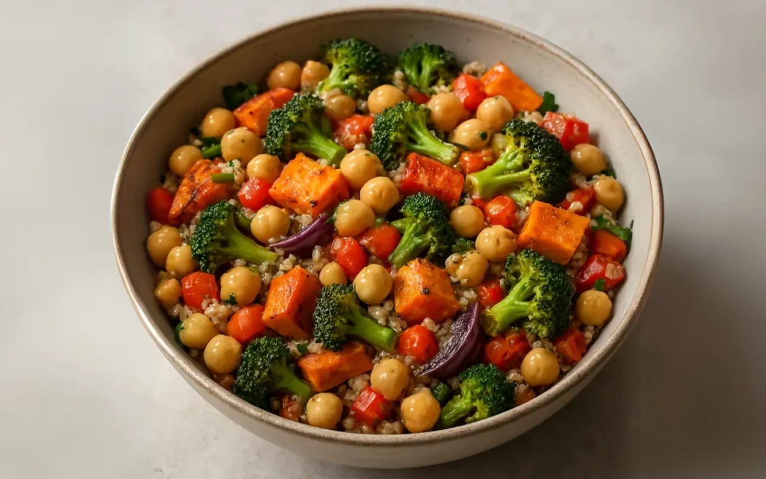 La salade de pois chiches, quinoa et légumes rôtis
